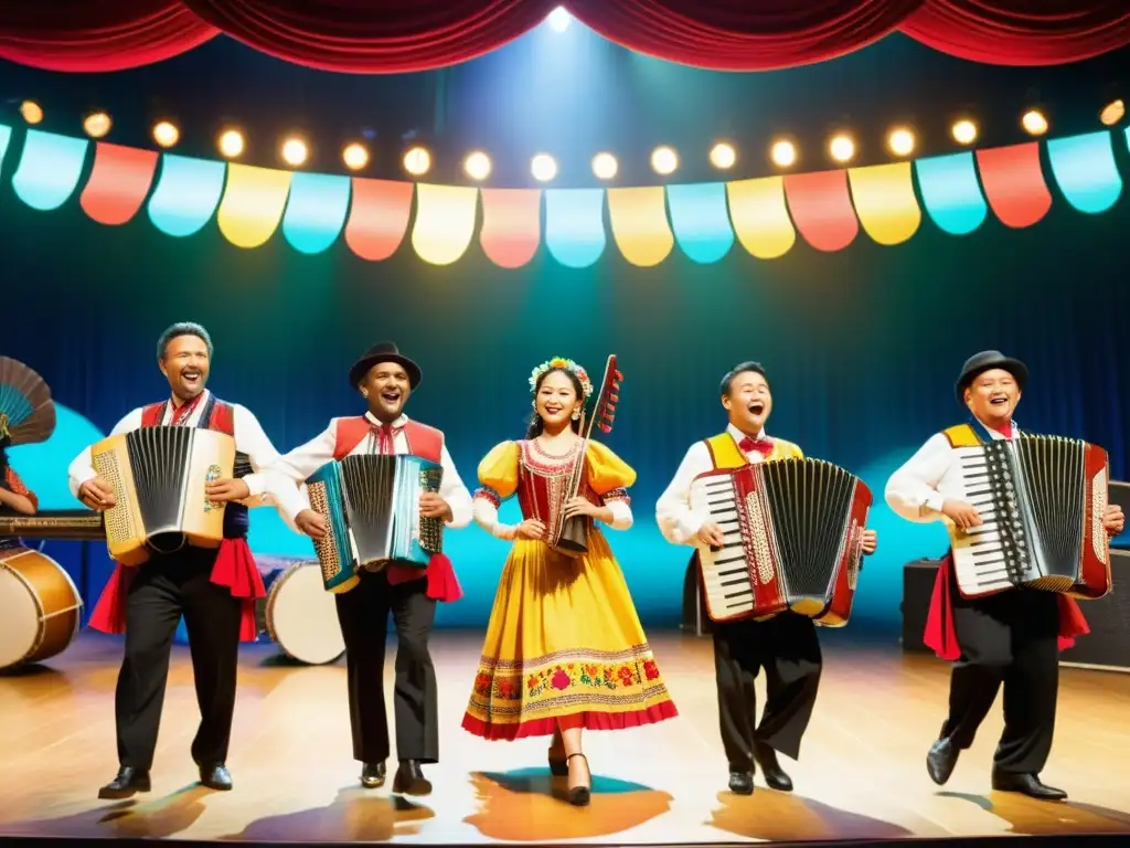 Vibrante escena de música folclórica con músicos y bailarines en trajes tradicionales, iluminados en un escenario colorido