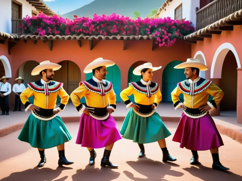 Una vibrante escena de músicos y bailarines chilenos tradicionales, renovación de la Cueca Chilena en un patio rústico con colores y pasión