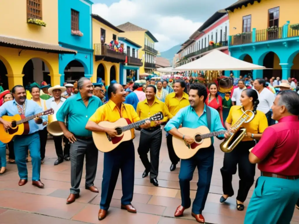 Vibrante escena de músicos tocando cumbia colombiana en bullicioso mercado