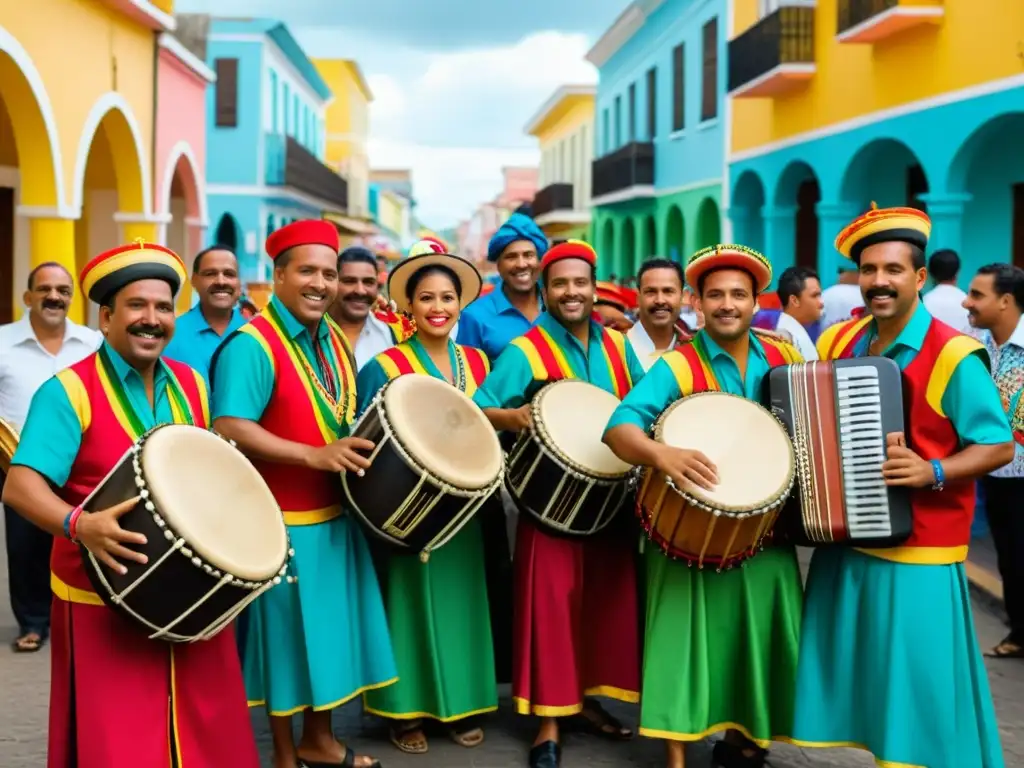 Una vibrante escena de músicos tocando gaita zuliana en las calles de Maracaibo, Venezuela, durante un festival cultural