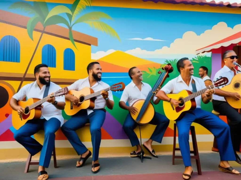 Una vibrante escena de músicos tocando plena puertorriqueña bajo un mural colorido que representa la vida cotidiana en Puerto Rico