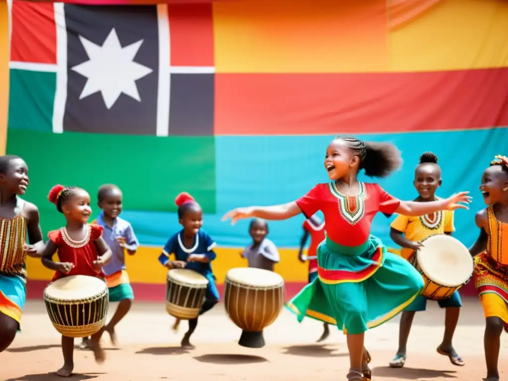 Vibrante escena de niños bailando música y danzas africanas, celebrando su cultura con alegría y energía contagiosa