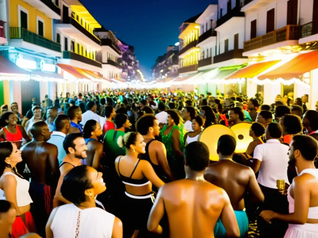 Vibrante escena nocturna del Carnaval de Río, con gente bailando y celebrando al ritmo del samba