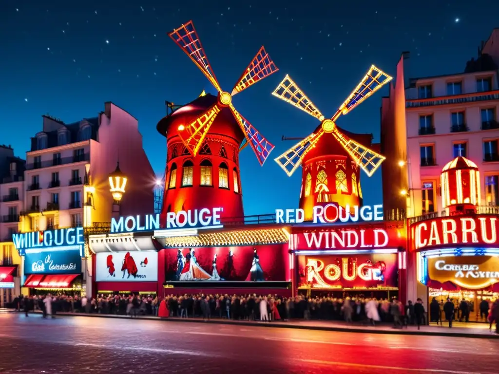 Vibrante escena nocturna del icónico molino rojo del Moulin Rouge, reflejando la historia y significado cultural del cancan francés