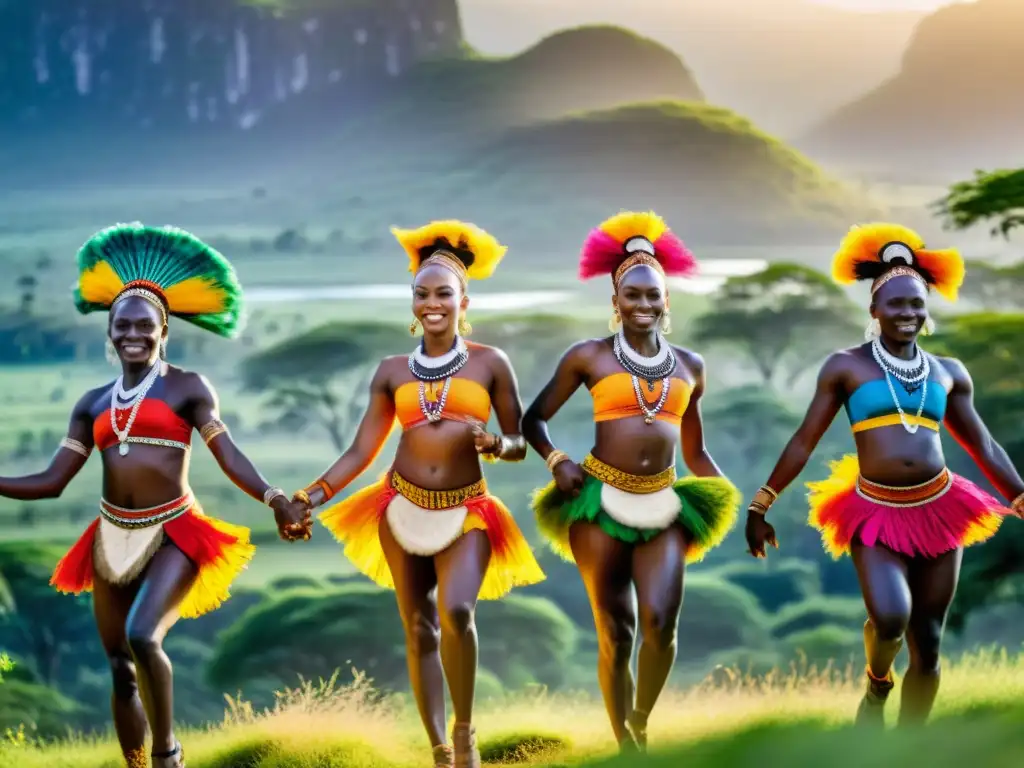 Un vibrante escenario africano con bailarines en trajes tradicionales, capturando la esencia de la danza tribal