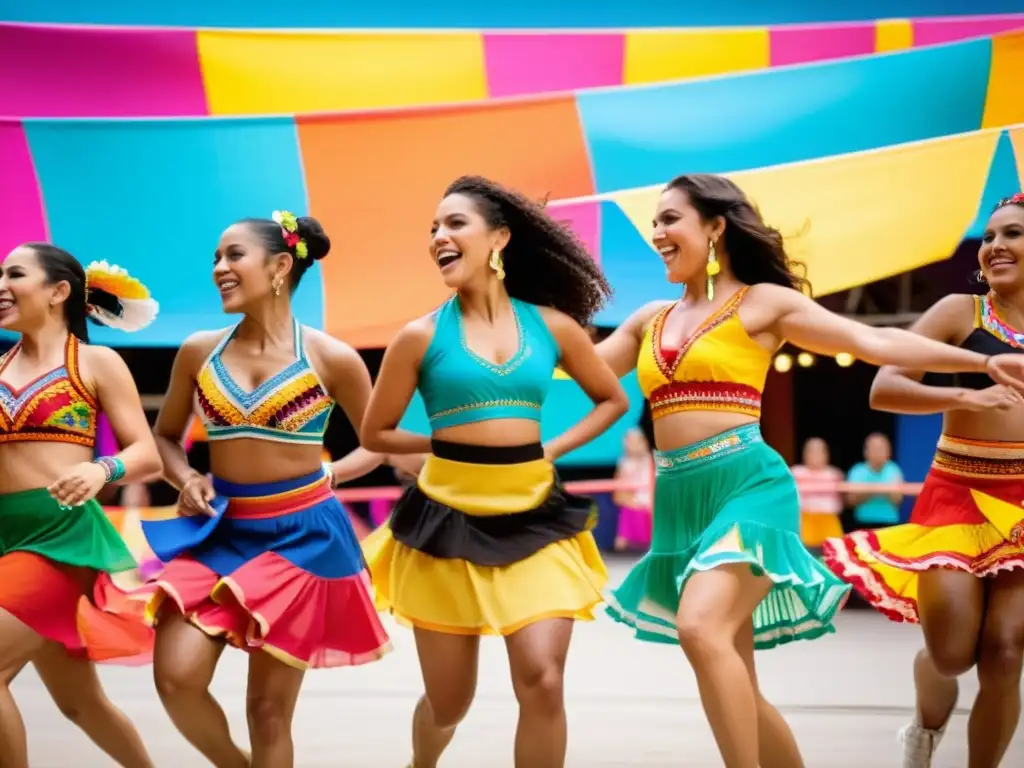 Un vibrante espectáculo de baile folclórico latinoamericano con música de cumbia en vivo, donde los bailarines lucen trajes tradicionales