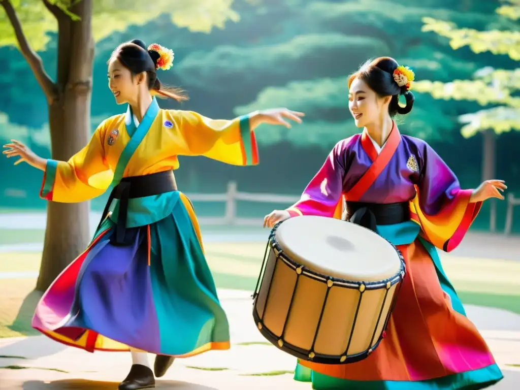 Danza vibrante de tambores Janggu: tradición coreana en la naturaleza Un vibrante espectáculo de la cultura coreana: la Danza del tambor Janggu cobra vida entre la exuberante vegetación