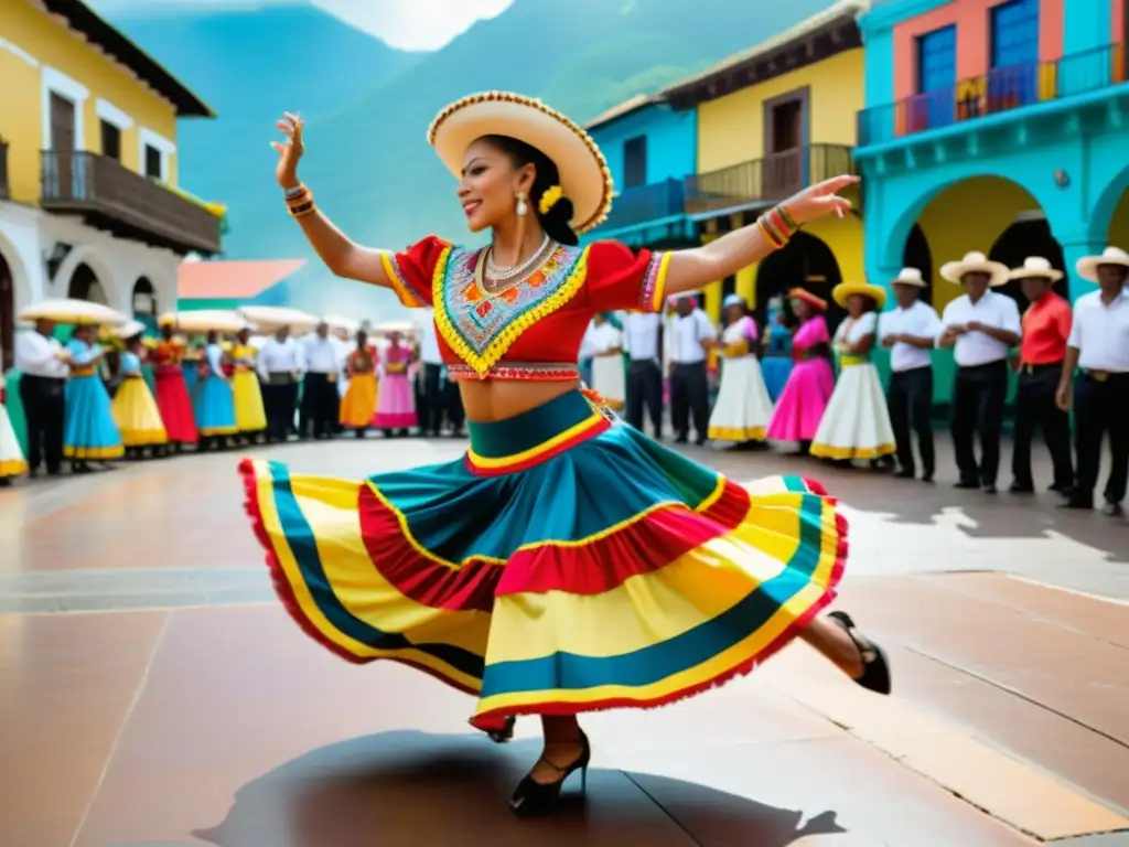 Un vibrante espectáculo de cumbia en una plaza, con trajes coloridos y patrones elaborados