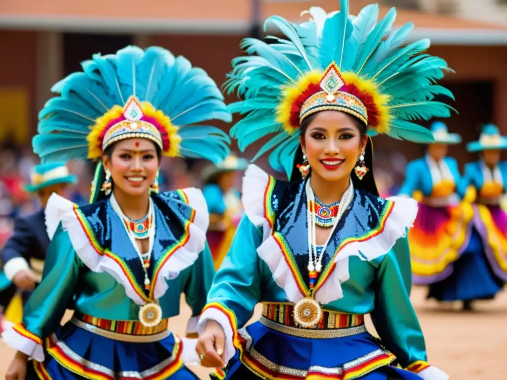 Un vibrante espectáculo de danza Caporales boliviana, con trajes ornamentados y coloridos