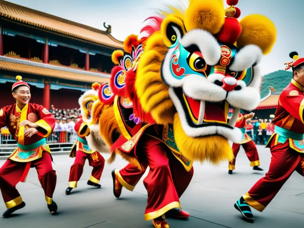 Un vibrante espectáculo de la Danza del León Chino, con movimientos intrincados y colores llamativos, capturando la energía dinámica de la actuación