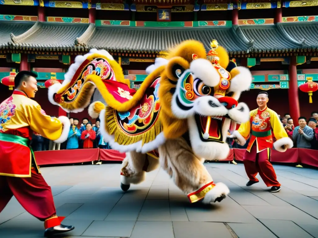 Un vibrante espectáculo de danza del león chino, con trajes detallados y movimientos dinámicos, inmersos en la rica tradición cultural