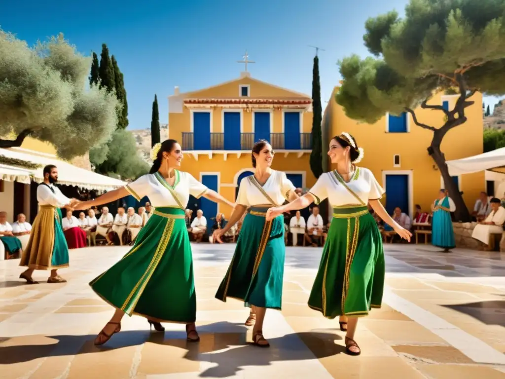 Un vibrante espectáculo de danza helénica en una plaza soleada, con coloridos trajes y movimientos intrincados