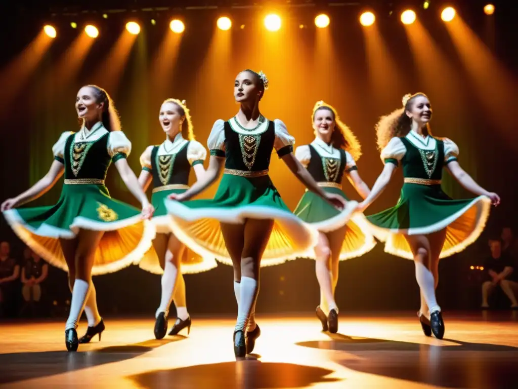 Un vibrante espectáculo de danza irlandesa en un escenario iluminado con pasión y color