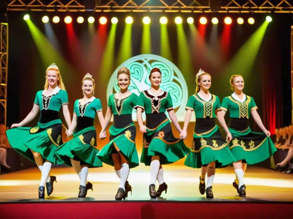 Un vibrante espectáculo de danza irlandesa en un escenario, con trajes tradicionales y una energía apasionada