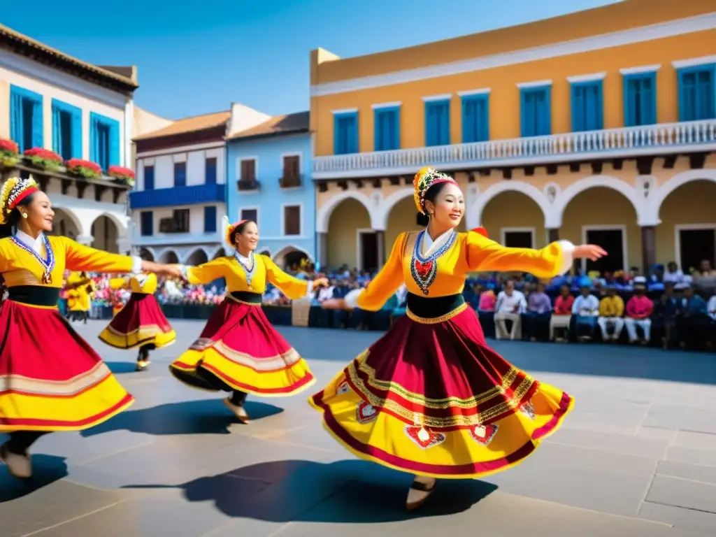 Un vibrante espectáculo de danza tradicional en la plaza, con onlookers cautivados