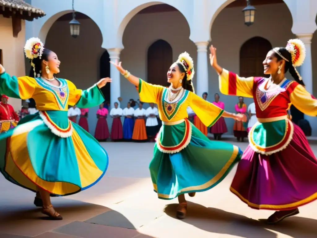 Un vibrante espectáculo de danza tradicional con coloridos trajes y movimientos dinámicos en un patio soleado