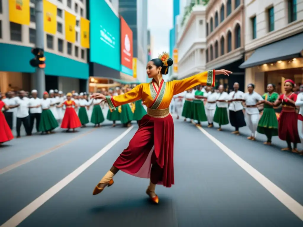 Un vibrante espectáculo de danza tradicional en una ciudad bulliciosa