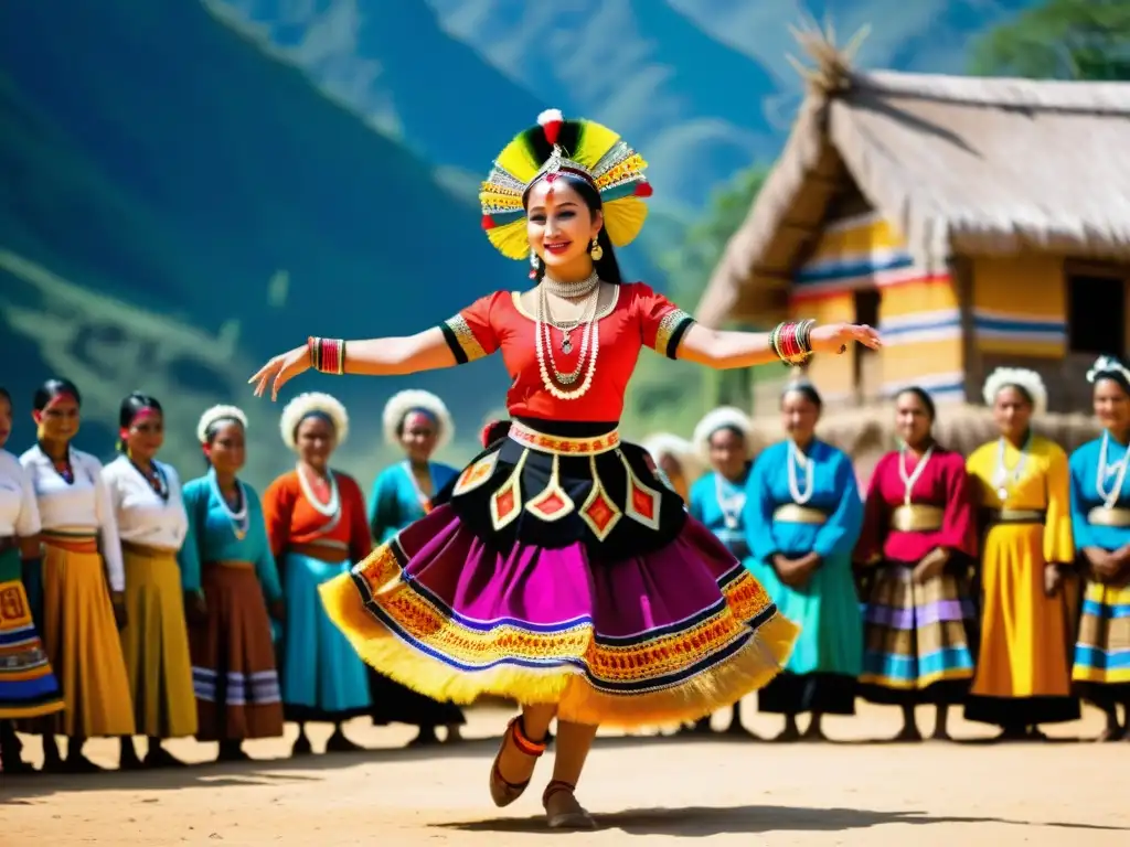 Un vibrante espectáculo de danza tradicional en un pueblo remoto, con trajes coloridos y detallados