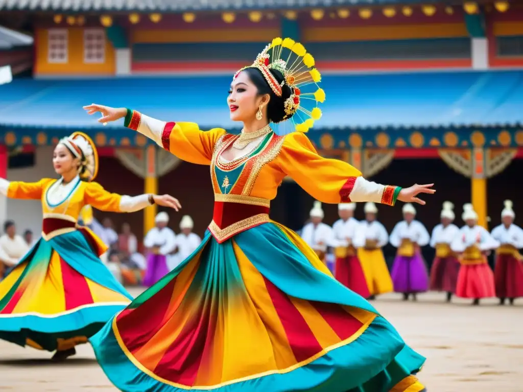 Un vibrante espectáculo de danza tradicional en un bullicioso mercado, capturando la gracia y la fluidez de la danza