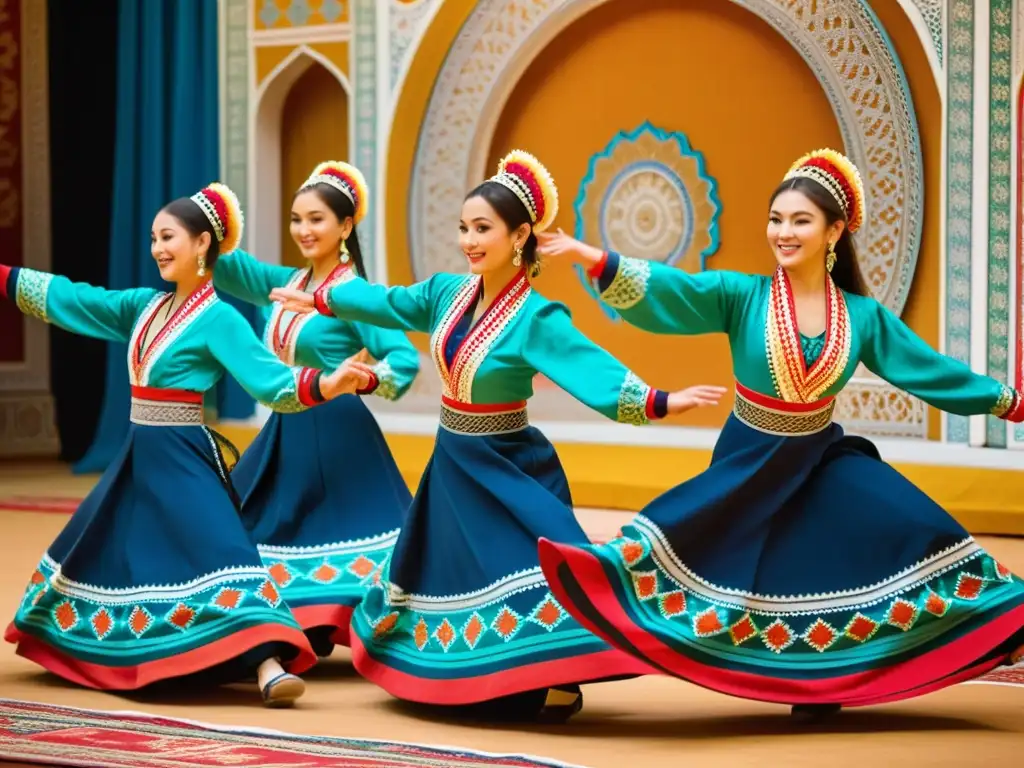 Un vibrante espectáculo de danzas folclóricas tradicionales de Uzbekistán, con coloridos trajes y movimientos dinámicos capturando la esencia cultural