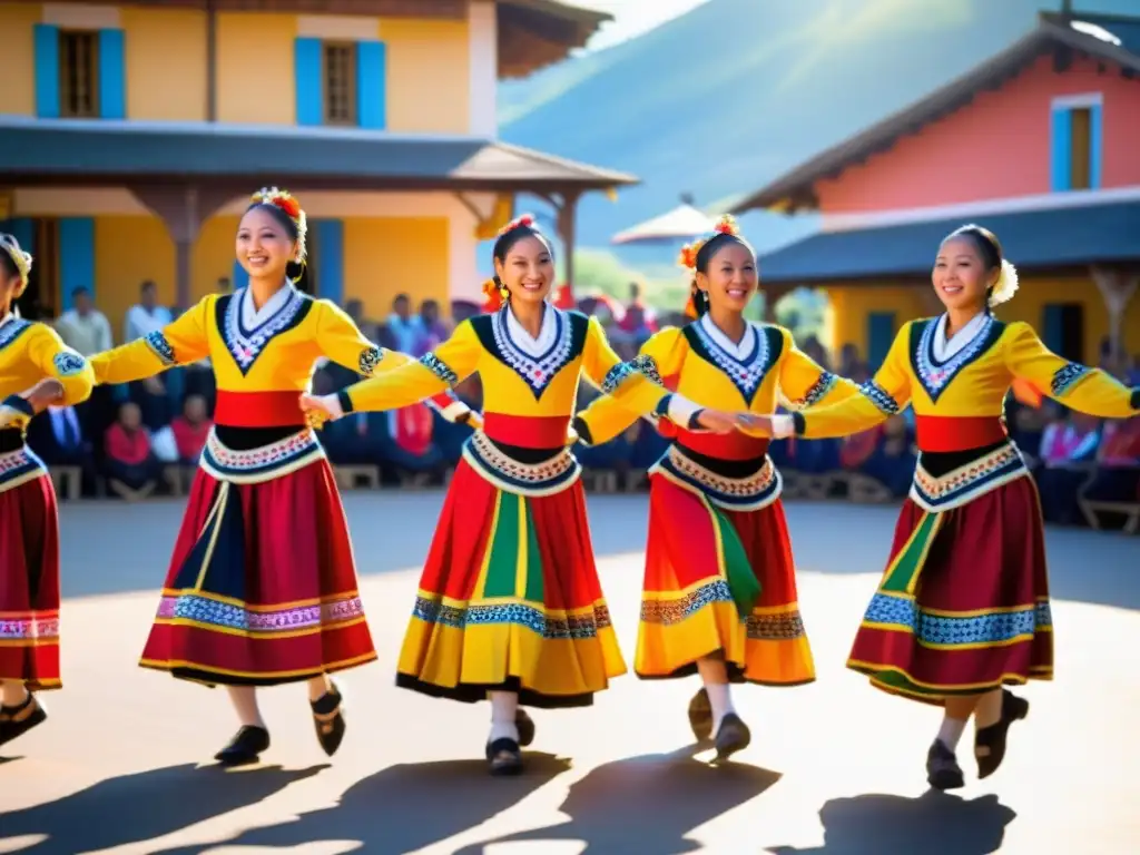 Un vibrante espectáculo de danzas tradicionales significado cultural, con trajes coloridos y movimientos sincronizados, en una plaza soleada