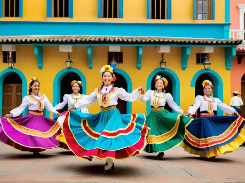 Un vibrante espectáculo de danzas tradicionales colombianas en pleno auge, con trajes coloridos y expresiones llenas de pasión y alegría