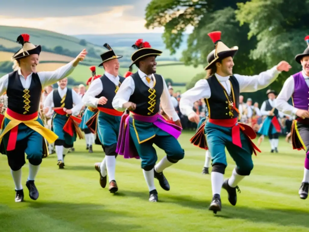 Un vibrante espectáculo de folclore inglés con Morris dancers, vestidos con trajes tradicionales, bailando entre la exuberante naturaleza