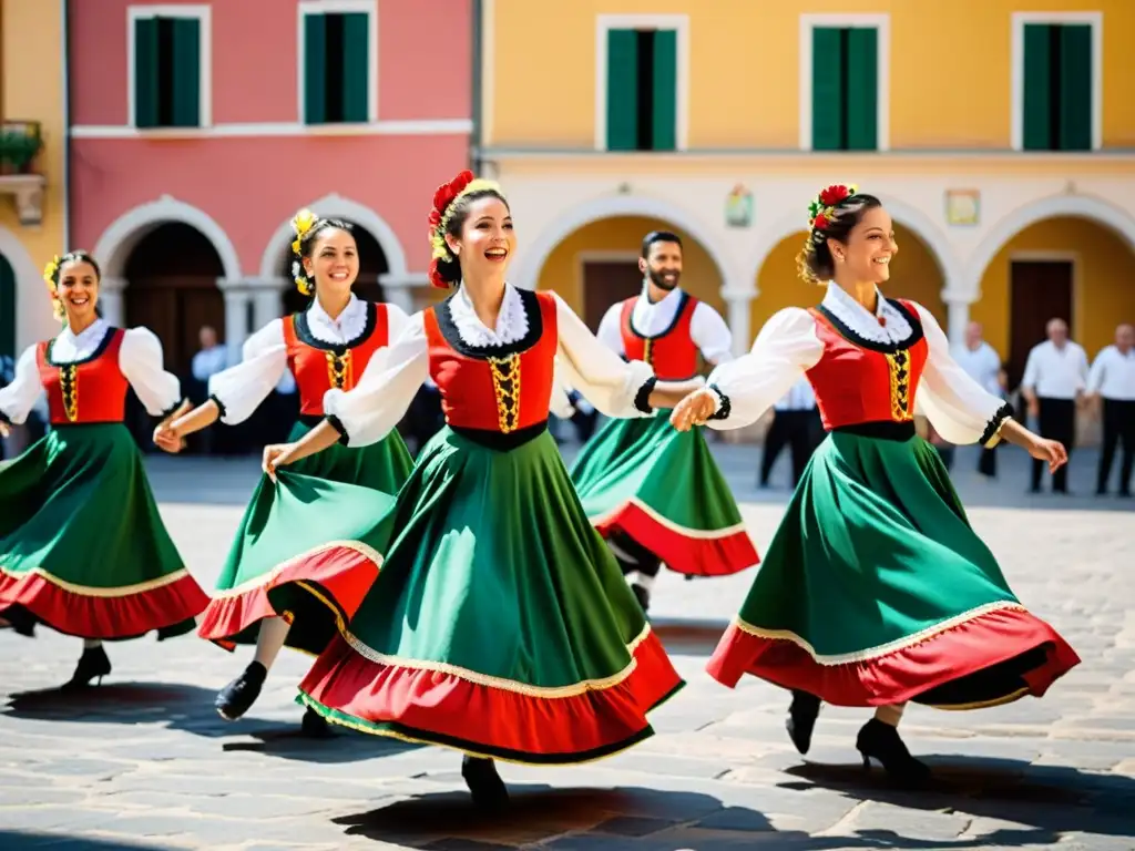 Un vibrante espectáculo de la tradicional danza italiana Tarantella, con trajes coloridos y música en una plaza histórica