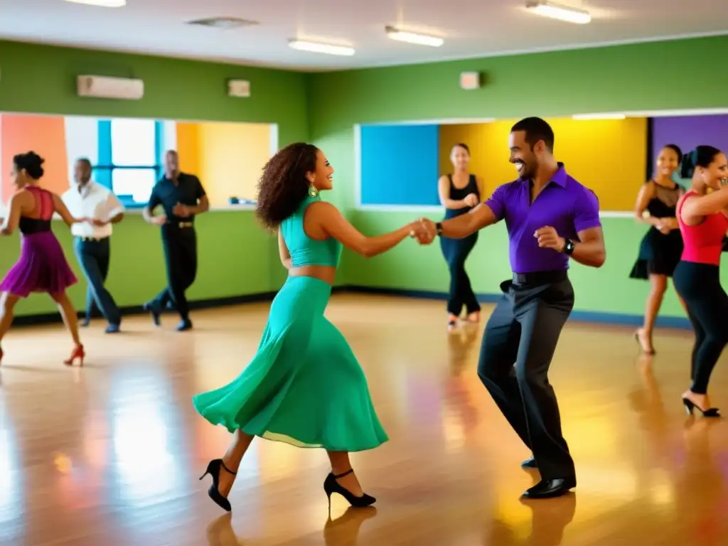 Vibrante estudio de baile con parejas practicando salsa cubana, capturando la emoción de las Clases de salsa cubana en pareja