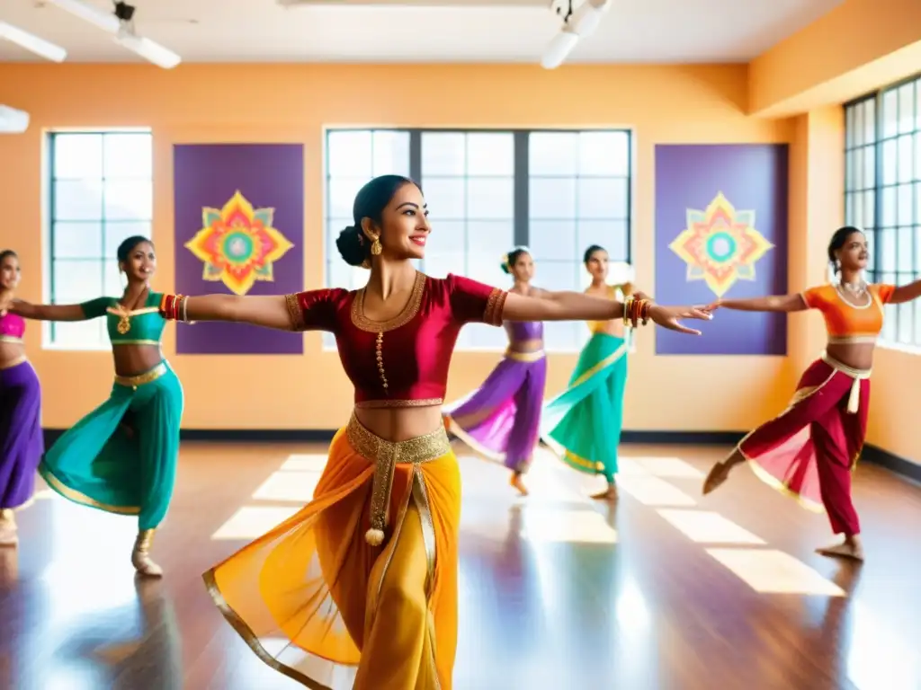 Vibrante estudio de danza Bollywood, con bailarines energéticos y coloridos