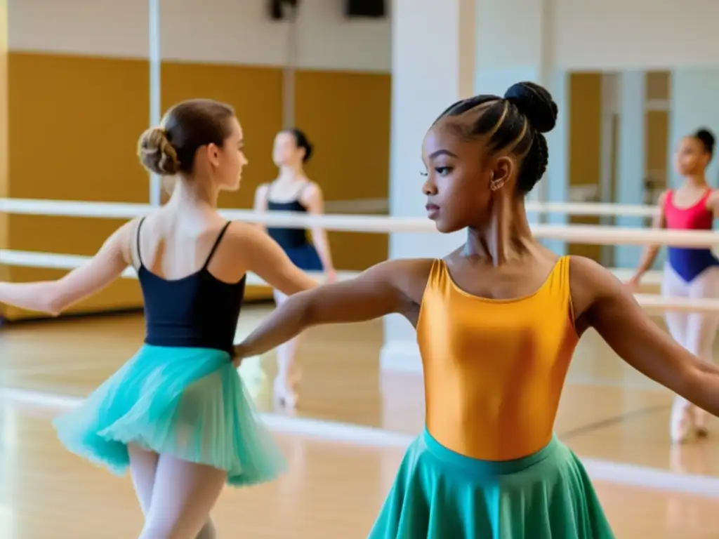 Un vibrante estudio de danza donde jóvenes estudiantes practican con entusiasmo y dedicación