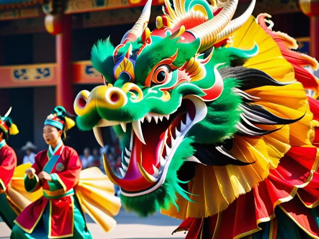 Vibrante festival de danza del dragón Qingdao: bailarines chinos con trajes detallados y expresiones intensas, mientras el dragón serpentea entre la multitud