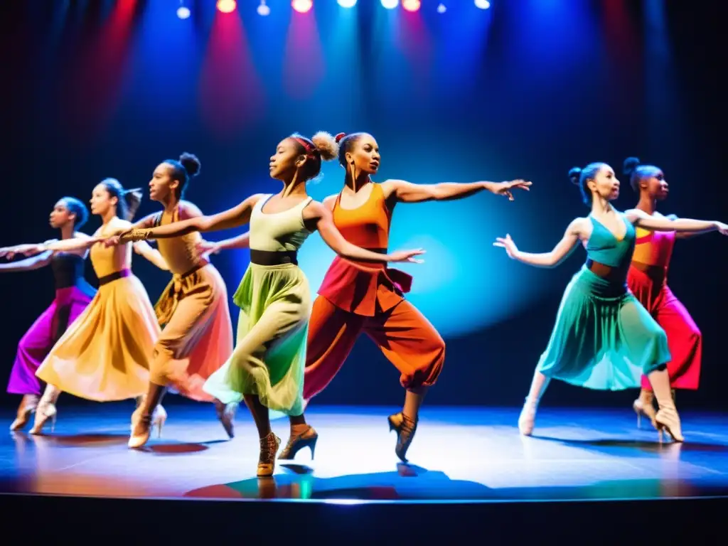 Un vibrante festival de danza con bailarines de diferentes culturas fusionando estilos en el escenario