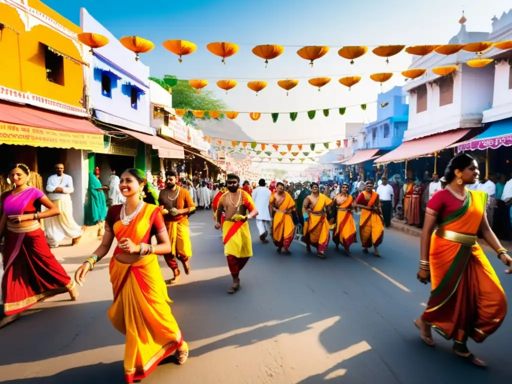 Vibrante festival de danza Rajasthani en Pushkar, con colores, bailes y música en las bulliciosas calles adornadas