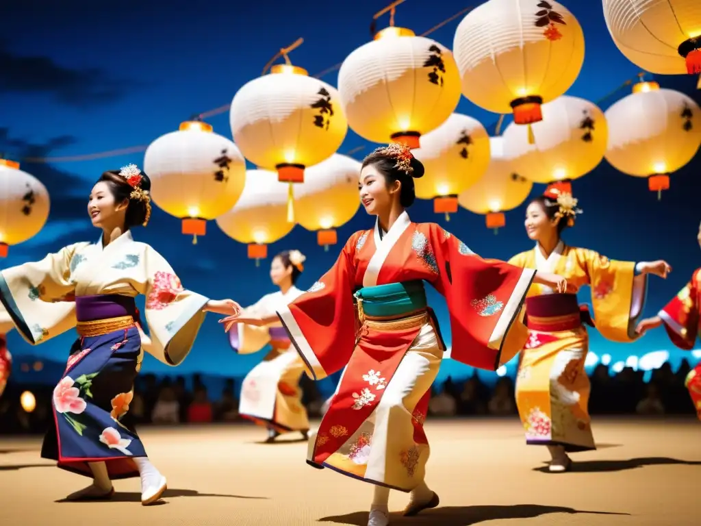 Vibrante Festival de Danza de Awa Japón con danzantes en llamativos kimonos y energía festiva