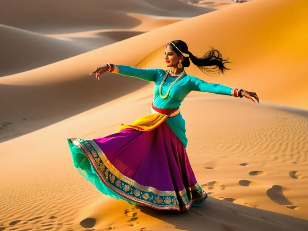 Un bailarín rajasthani en un vibrante festival de danza en el desierto de Jaisalmer, capturando la energía y el ritmo del evento cultural