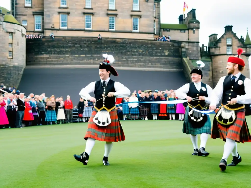 Un vibrante festival de danza en Edimburgo significado cultural, con bailarines escoceses en plena actuación frente al histórico castillo