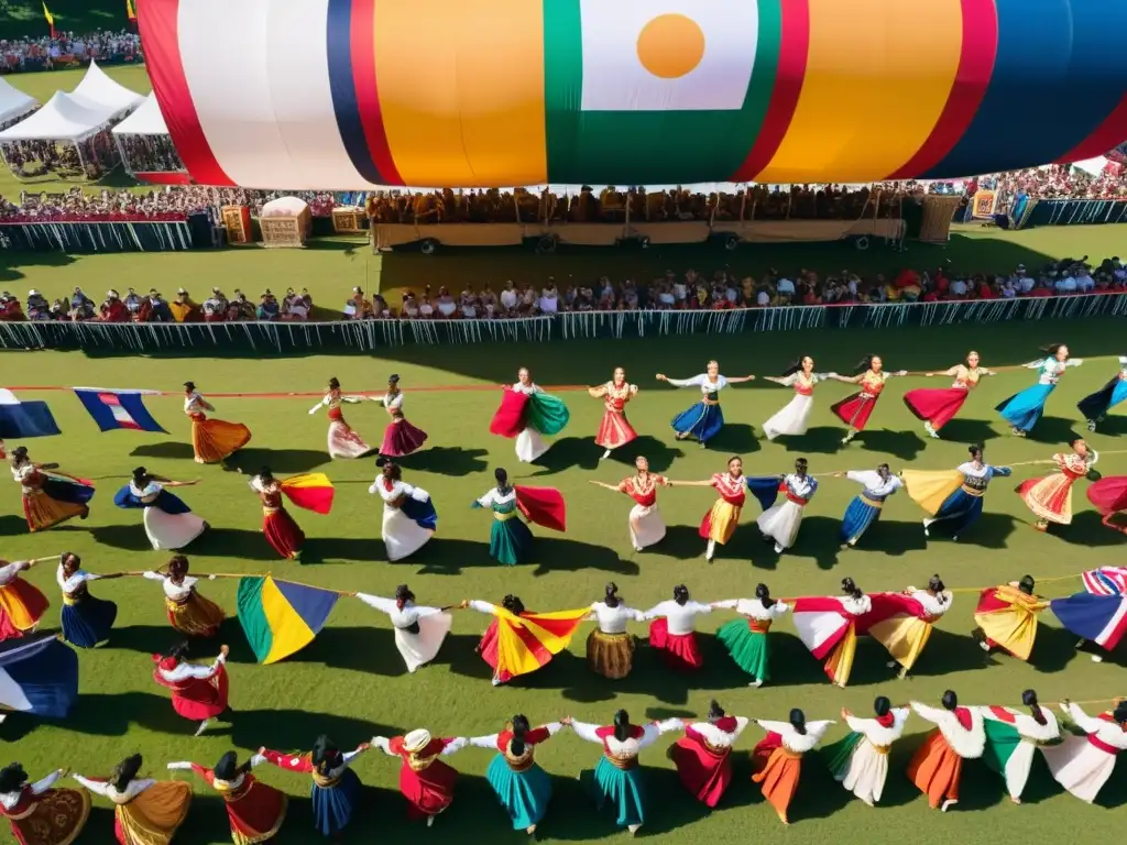 Vibrante festival de danza mundial con músicos en directo y bailarines en trajes tradicionales, creando una armonía de colores y sonidos