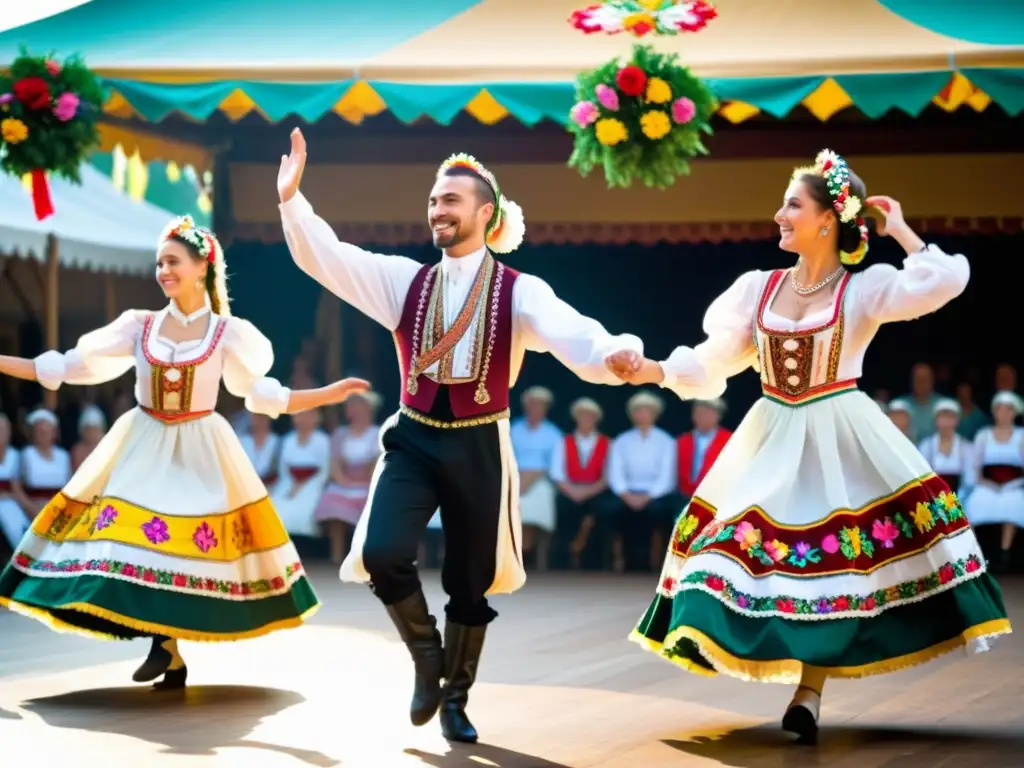 Un vibrante Festival de Danza de Szeged cobra vida con un deslumbrante baile folclórico húngaro, entre trajes tradicionales y coloridas decoraciones florales, mientras el sol resalta los detalles de los trajes y la energía de la actuación