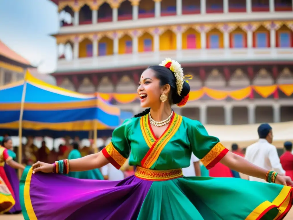 Vibrante festival de danza tradicional mundial: coloridos bailarines, música en vivo, mercado animado y arquitectura histórica