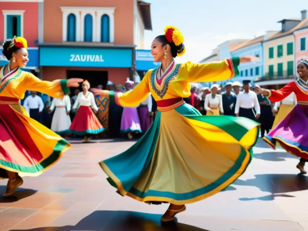 Vibrante festival de danza tradicional mundial en plaza de ciudad bulliciosa, con coloridos trajes y energía contagiosa