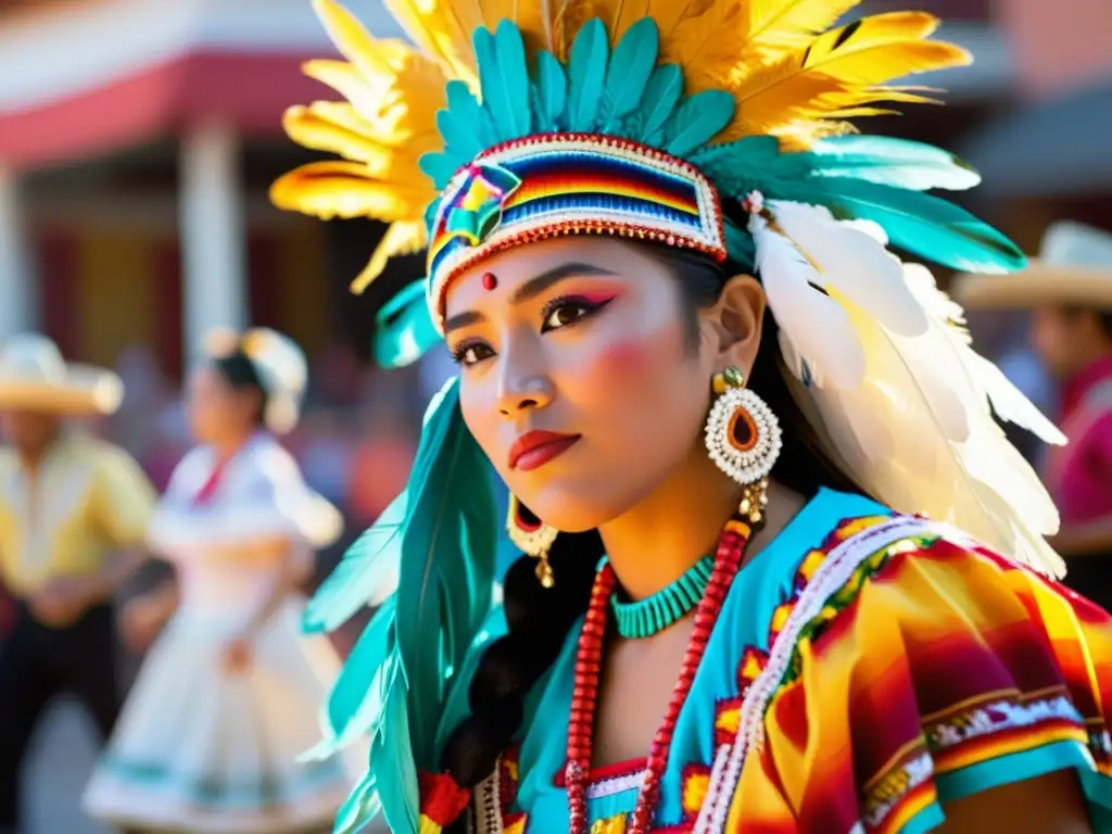 Vibrante festival de danza tradicional mexicana, con trajes coloridos y movimiento energético