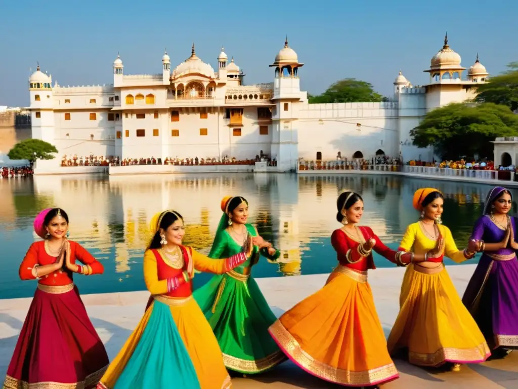 Un vibrante festival de danza en Udaipur, con trajes típicos y movimientos dinámicos en el majestuoso Palacio de la Ciudad