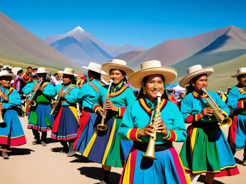 Un vibrante festival de danzas tradicionales de Bolivia, con músicos vestidos con trajes coloridos y tocando instrumentos de viento