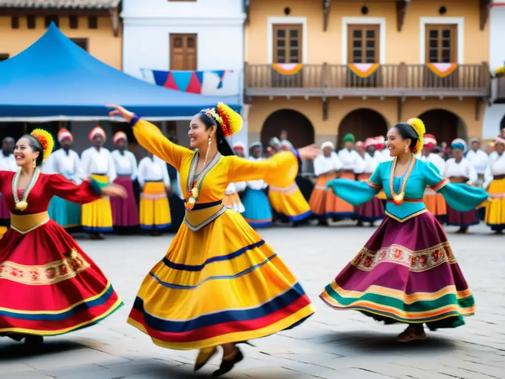 Vibrante festival de danzas tradicionales en plaza, celebrando la economía detrás de los festivales con coloridos trajes y movimiento dinámico