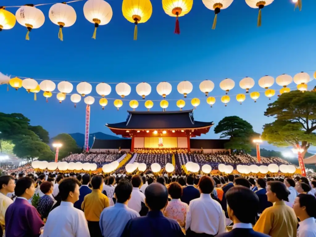 Vibrante festival Bon Odori en Japón: gente en yukatas coloridos bailando alrededor de una yagura