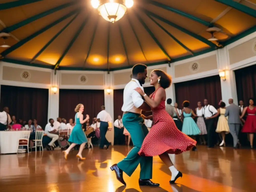 Vibrante festival de Lindy Hop, con bailarines en atuendos vintage disfrutando en una escena histórica al atardecer