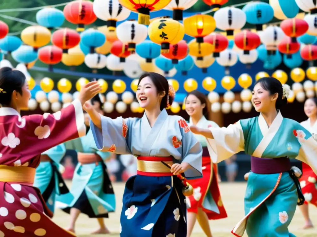 Vibrante festival Bon Odori japonés con bailarines en yukatas coloridos y faroles, capturando el significado cultural del Bon Odori