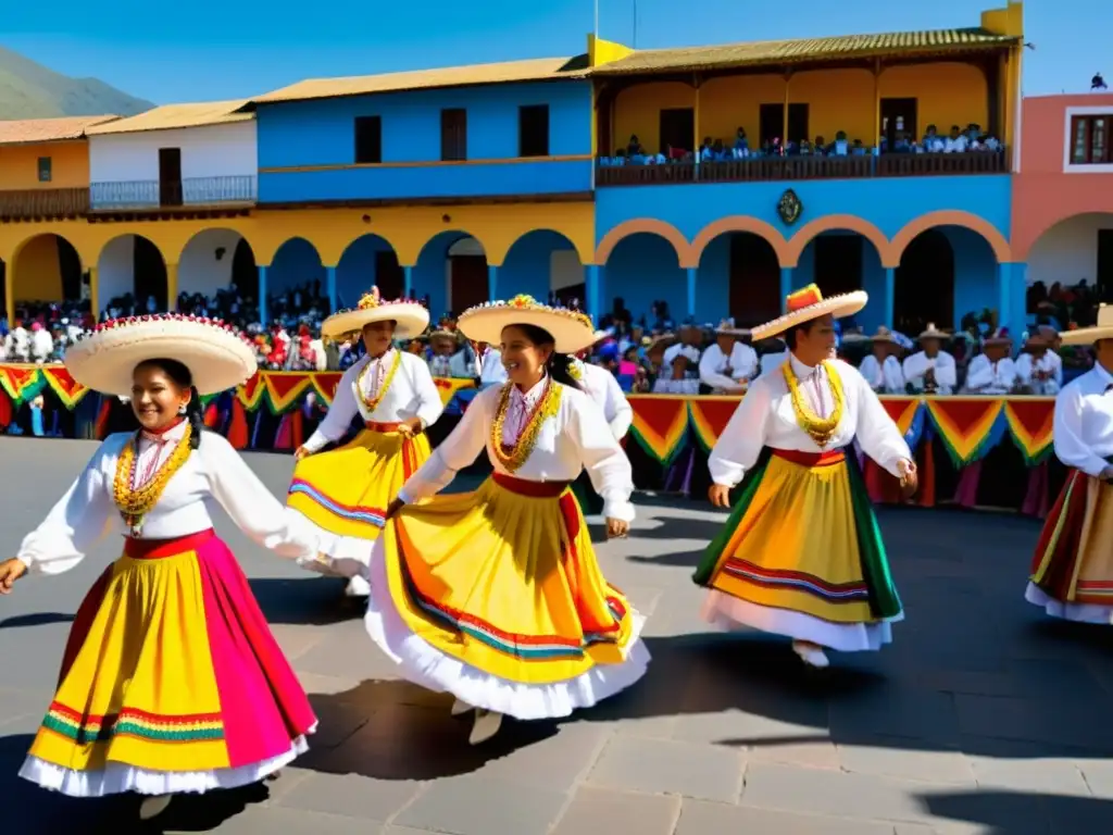 Vibrante Festival del Huapango en San Joaquín: plaza llena de coloridas decoraciones, música animada y bailarines en trajes tradicionales