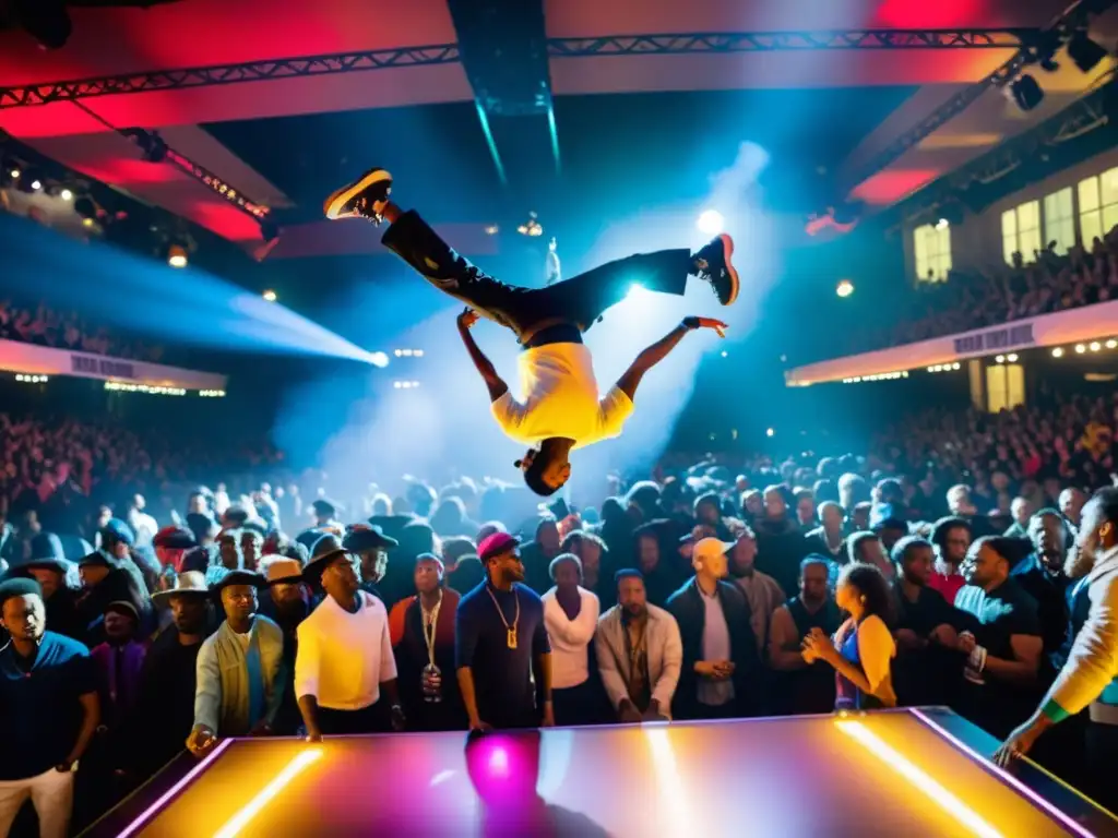 Vibrante festival Juste Debout: street dancers compiten en la pista, con energía y pasión palpable, mientras el público los anima